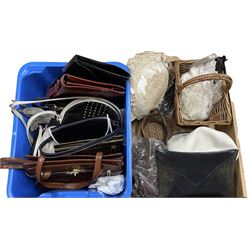 Vintage clutch bags, tan leather handbag, black leather and suede envelope clutch bag, lace and silk cushion, baskets, gloves, Jaegar hat and other accessories in two boxes