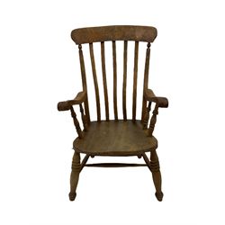 Victorian farmhouse chair, the shaped cresting rail over slat back, leading into elm seat, raised on turned supports united by an H stretcher 