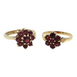 Two 9ct gold garnet cluster rings, stamped or hallmarked
