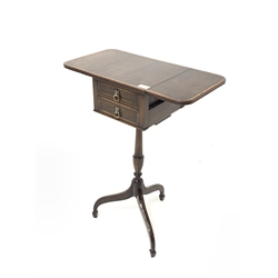Small George III style mahogany tripod table, the top with inlaid satinwood band and reeded edge with two drop leaves over two drawers and two faux drawers, raised on turned column and three inverted splayed supports with peg feet 