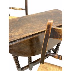 18th century oak drop leaf table, the oval top raised on bobbin turned supports with gate leg action, together with a pair of 19th century stained oak dining chairs with rush seat 