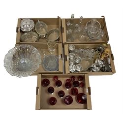Large glass iridescent dish, various glass decanters, glass vase, red glass decanter and glasses, metalwares, table lighter etc, in five boxes