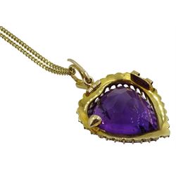Edwardian gold amethyst and pearl pendant, heart shaped, buff top, mixed cut amethyst with split pearl surround, stamped 15ct, on later 18ct gold link necklace stamped 750, amethyst approx 27.00 carat