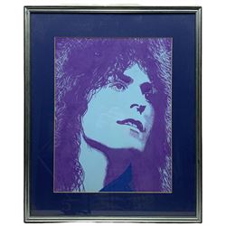 Pete (Peter) Marsh (British 1945-): 'Marc Bolan' - T Rex, mixed media on board signed and dated '77, inscribed verso 'Marc Bolan, for M.B. appreciation society 1977, 39cm x 29cm