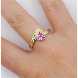 14ct gold trillion cut pink sapphire and round brilliant cut diamond ring, stamped
