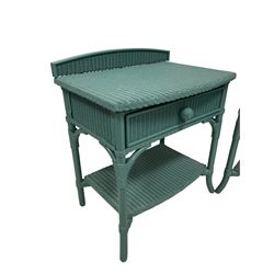 Lloyd Loom of Spalding - pair 'Trader' wicker bedside cabinets painted in teal, raised back over one frieze drawer and under-tier, on splayed feet