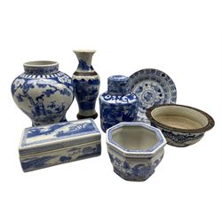 20th century Chinese blue and white tea caddy decorated with fish, H18.5cm, rectangular box and cover, Chinese crackle glazed vase and other blue and white 
