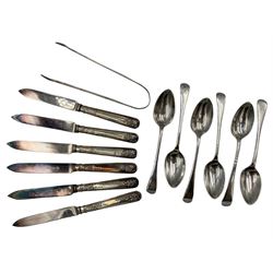 Set of six Edwardian silver teaspoons engraved with initial 'B' Sheffield 1907 Maker John Round & Son, pair of early 19th century engraved silver sugar tongs and set of six silver handled pastry knives 
