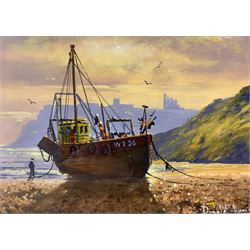 Donald Ayres (British 1936-): Fishing Boat in Whitby North Bay and Whitby Abbey from the Moors, pair oils on board signed 12cm x 17cm (2)