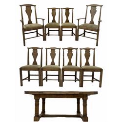 Traditional light oak refectory dining table, extending with drawer leaf action, on turned supports joined by H shaped moulded stretchers (H75cm, L183cm - 275cm x 112cm), and set eight oak dining chairs with vase shaped splat backs and upholstered drop in seats
