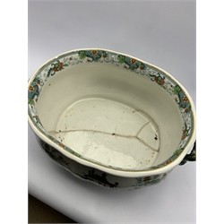 19th century Staffordshire foot bath of baluster form printed with Pagodas and fishing boats, L50cm (a/f) 