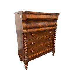 Scottish Victorian mahogany chest, two cushion frieze drawers over three graduated drawers to base flanked by spiral turned pilasters, raised on turned supports W115cm, H144cm, D55cm