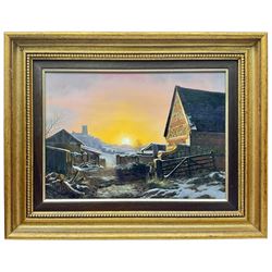 Daniel Van der Putten (Dutch 1949-): 'Winter Sunset - Church Stowe Northamptonshire', oil on panel signed, labelled verso 25cm x 35cm