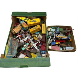 Quantity of play worn diecast vehicles and other similar items including Dinky Toys, Corgi Toys etc and various plastic soldiers in one box 