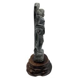 Early 20th century Indian carved soapstone figure of Parvati, wife of Shiva on a wooden stand, height of figure 20cm