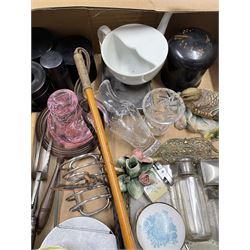 Two boxes of assorted items including Crown Devon vase, two riding crops, Teviotdale duck, dressing table items etc