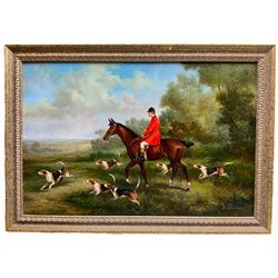 After Benjamin Lander (American 1842-1915): Fox Hunting Scene with Bay Thoroughbred and Hounds, oil on panel signed 39cm x 59cm