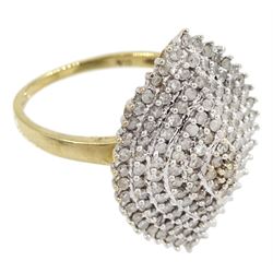 9ct gold diamond navette shaped stepped cluster ring, hallmarked, total diamond weight 1.00 carat 