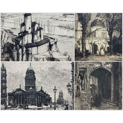 Hester Frood (New Zealand 1882-1971): Hilltop Castle, etching signed in pencil; Léon Gaucherel (French 1816-1886): Cathedral Interior, etching signed in the plate; James Hamilton Mackenzie (Scottish 1875-1926): Figures before Church, etching signed in pencil; G P* (Continental 20th Century): Neue Kirche - Berlin, etching signed in pencil max 9cm x 25cm (4)