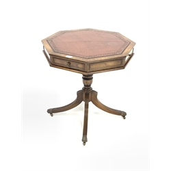 Reprodux Regency style mahogany pedestal table,  the octagonal top inset with tooled leather surface over four drawers, turned pedestal raised on four reeded and splayed supports terminating in hairy paw brass castors, W61cm