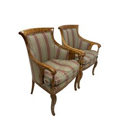 Pair of 20th century hardwood tub chairs upholstered in green and red fabric 