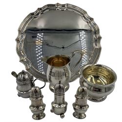 Group of silver, comprising Elizabeth II silver milk jug and sugar bowl, A T Cannon Ltd, Birmingham, 1975, pair of Italian silver pepperettes and silver plated pepperette and mustard and a silver plated salver