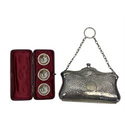 Plated purse, three cameo buttons, cased, mother of pearl penknife Watermans Safety fountain  pen with retractable nib marked 12 1/2 VS and a pocket compass