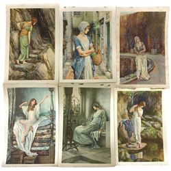 After William Henry Margetson (British 1861-1940): Fashionable Women, set six 1920s prints on silk signed in the plate 22cm x 16cm (6)