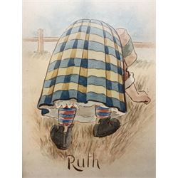 Martin Anderson (Cynicus) (British 1854-1932): 'Rebecca at the Well' 'Ruth' 'Waiting for the Mail' etc., set six original watercolour cartoon sketches for postcards four signed 21cm x 15cm (6)