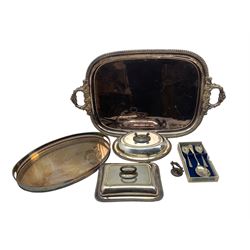 Large silver plated two handled rectangular tray with gadrooned edge 65cm x 47cm, two entree dishes, oval tray and dessert spoons