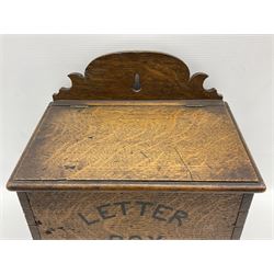 19th century oak wall mounting salt box, with sloping hinged lid and shaped cresting, the front inscribed 'Letter Box', H26.5cm x W27cm