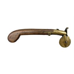 19th century gunpowder tester or eprouvette, the brass barrel engraved S. Cleeve, the test wheel calibrated from 1 to 8 with walnut semi grip pistol, L19cm