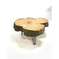 Naturalistic live edge coffee table, the beech top raised on hairpin supports 