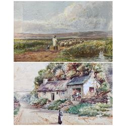 E Collins (British 19th/20th century): Shepherd Leading Sheep Across Moors, watercolour signed; E Hamilton (British early 20th century): Cottage With Figures, watercolour signed and dated '10 max 20cm x 30cm (2)