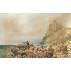 John Henry Mole (British 1814-1886): Figures on a Rocky Shore with Telescope before Distant Castle, watercolour signed and dated 1863, 76cm x 119cm