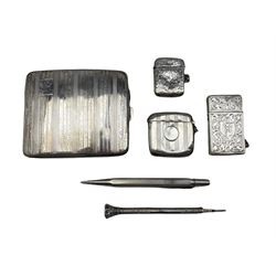 Two silver vesta cases , silver cigarette case, Yard-O-Led pencil, one other pencil and a lighter marked 'Sterling Silver'