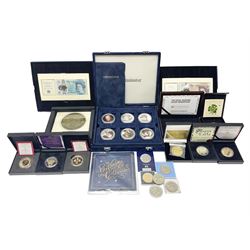 Commemorative coins, banknotes and miscellaneous items, including Queen Elizabeth II Bailiwick of Jersey 2015 five pound coin cased, Bailiwick of Guernsey 2019 five coin 'The Pantomime 50p coin Collection' in card folder, commemorative crowns, twelve medallion set 'The Duke of Edinburgh 70 Years of Service NumisProof Collection' housed in a display case with certificates, 'The Royal Wedding Silver NumisProof' sterling silver hallmarked medallion boxed with certificate etc