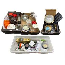 Quantity of kitchenalia including mixing bowls, glass storage jars, baking tins etc in four boxes
