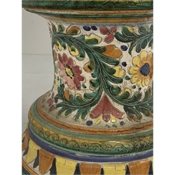  Very large Italian Majolica twin handled urn form vase on pedestal base with incised decoration, H135  
