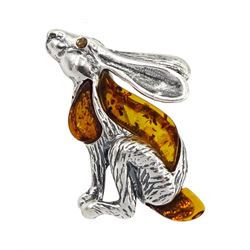 Silver Baltic amber moongazing hare brooch