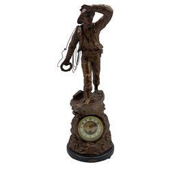Bronzed figural spelter clock with French timepiece movement depicting a sailor in a boat labelled 'Rescue' H64cm