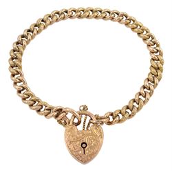 Edwardian 9ct rose gold curb link bracelet with heart padlock clasp, with engraved ivy leaf and scroll detail to clasp and links, by Constantine & Floyd Ltd, Birmingham 1903