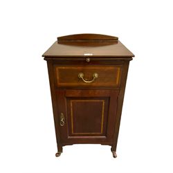 Edwardian inlaid mahogany bedside cabinet, rounded back over square top fitted with brushing slide above single drawer and cupboard, raised on square supports with brass and ceramic castors (44cm x 48cm x 79cm); set three Edwardian inlaid mahogany chairs with banded ladder and stick back, cane seat over square tapering supports joined by stretchers (40cm x 39cm x 90cm)