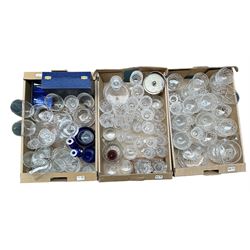 Quantity of glassware to include cut glass drinking glasses, decanter, Thomas Webb cased pair of drinking glasses, biscuit barrel etc in three boxes