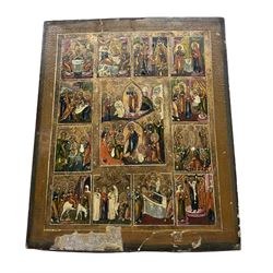 The Resurrection of Christ and Harrowing of Hades with Twelve Cardinal Feasts and Holy Trinity, 19th century icon painted in the Palekh style on panel and inscribed in Church Slavic 31cm x 27cm