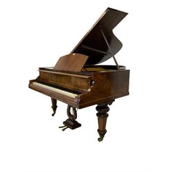 Hagspiel & Comp - late 19th century boudoir grand piano, figured and burr walnut case, raised on turned and carved octagonal tapered supports on brass castors and lyre pedestal supports, serial number 4729, roller grand action with 88 keys, 7-1/4 octaves, cast frame cleaned and recently re-strung, action cleaned and refurbished with new under string felt, dampers, hammerheads and tuning pins, soundboard refurbished.