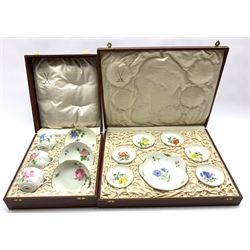 Cased set of three Meissen hand-painted cups and saucers together with similar boxed sweetmeat dishes set (2)