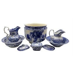 19th century blue and white transferred printed jug and bowl, another matched jug and bowl set, a large  Doulton Burslem 'Gloire-De-Dijon' blue and white floral transfer decorated jardinière H30.5cm, Willow pattern tureen with stand and another cover 