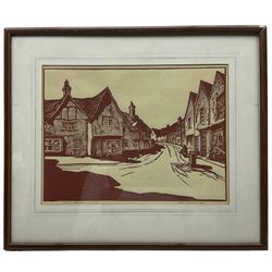 H (Buck) Whaley (British mid-20th century): 'Jonny Curson's Cowshed Hetherset Norwich' and 'Falcon Square', two watercolours and a linocut print one signed max 25cm x 33cm (3)