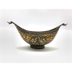 19th century Continental carved wooden kovsh or Beggars bowl with gilt and enamel foliate and bird decoration with mask ends L20cm  
